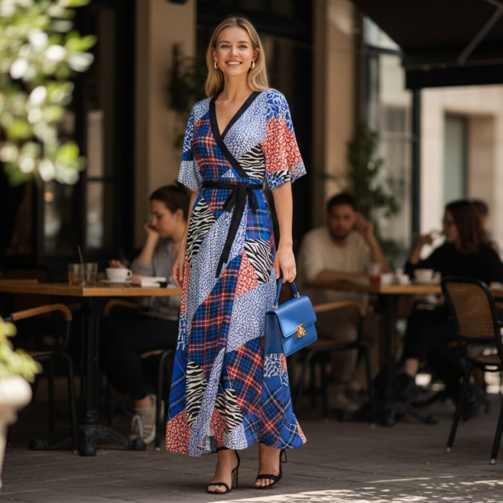 Mixed Print Maxi Dress w/ Shoulder Slits - Picture 4 of 6